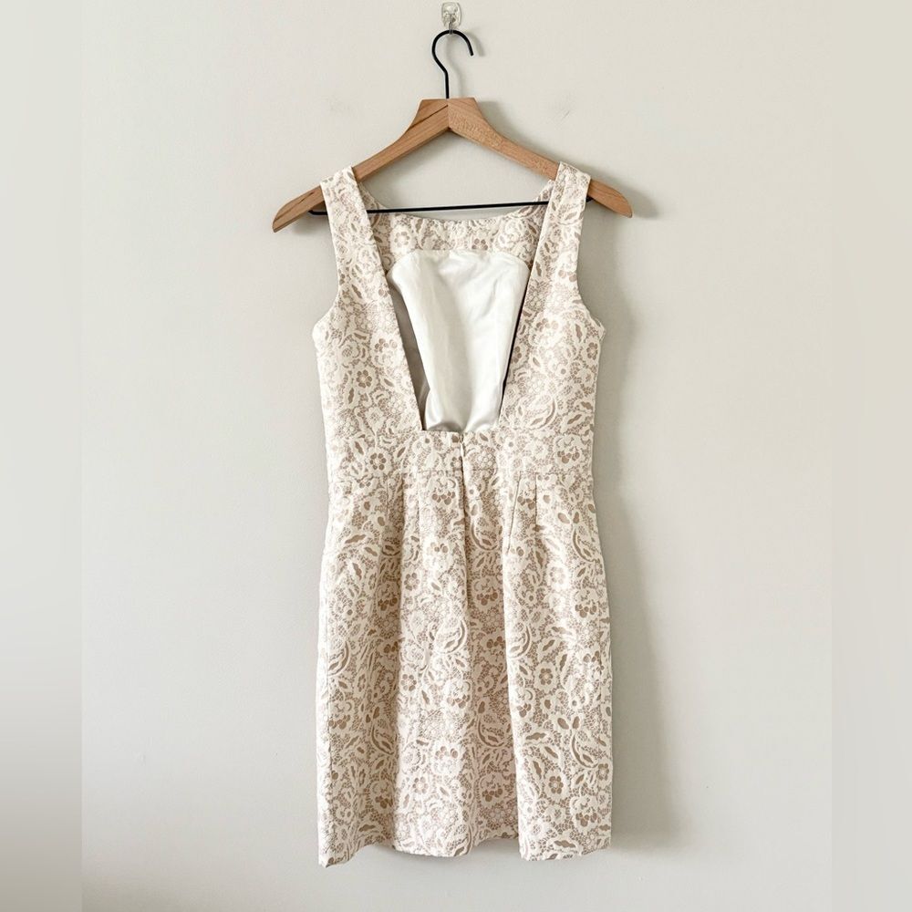 Megan Masters Bridal Low Back Sheath Dress in Champagne & Cream Lace Jacquard 2 - Picture 3 of 5